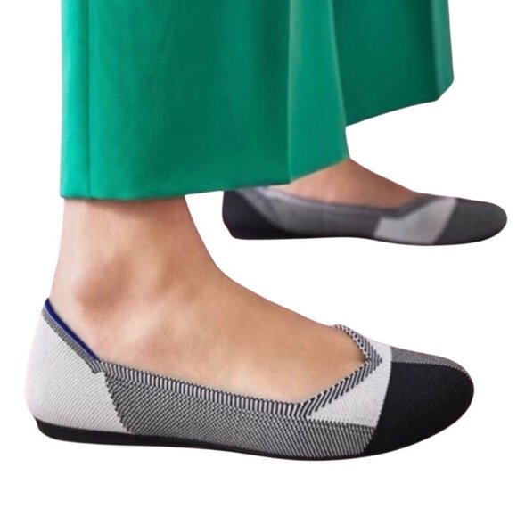 Rothy's The Flat Round Cap Toe Plaid Black Cream Retired Pattern Neutral Size 8 - Picture 4 of 10